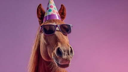 Obraz na płótnie Canvas Funny Horse Portrait with Party Hat and Sunglasses on Purple Background for Celebration