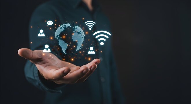 A person's open hand displaying a glowing globe and network icons, representing global connectivity.