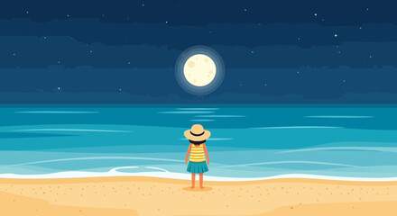 Contemplative moment at ocean beach under moonlit night serene scene