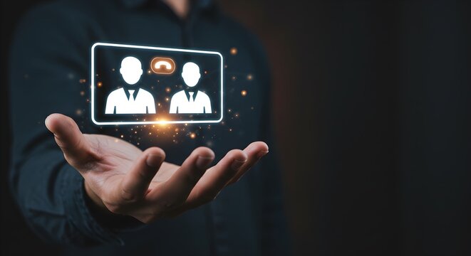 A person's hand holding a digital screen displaying a video conference call between two people, with a dark background. - Powered by Adobe