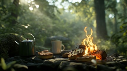 morning campfire breakfast scene, pot of coffee, grilled toast, quiet and serene forest