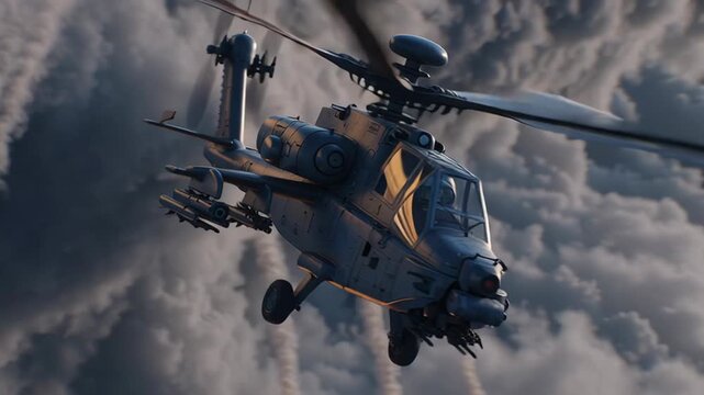 4k video of helicopter flying with missiles.