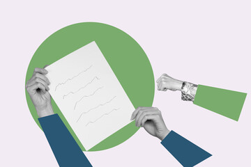 Pop zine full art photo collage of hands hold paper sheet contract signature deal notepad to-do list planning education memo