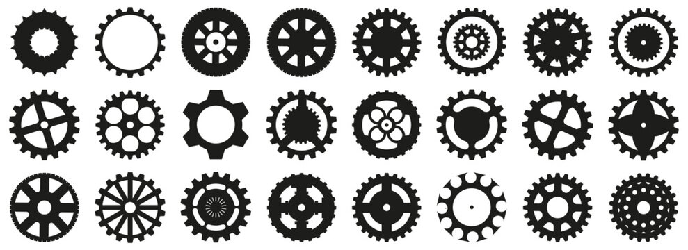 Gear wheel shapes collection. Gear wheel silhouettes in different styles. Each gear has a unique pattern and number of teeth