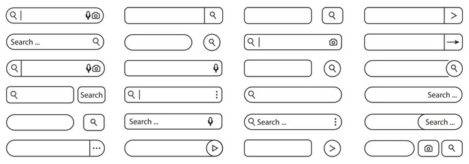 Search bar UI elements. Collection of search bar with different styles and icons. Includes variations with microphone, camera, and submit buttons
