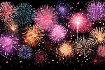 Colorful fireworks explode in a night sky