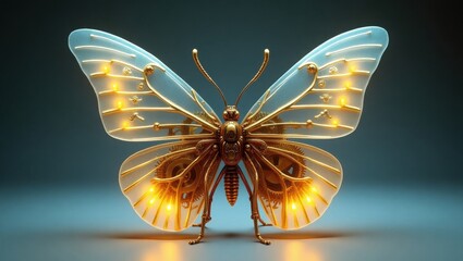 Intricate mechanical butterfly with glowing translucent wings