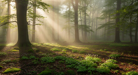 Obraz premium Sunbeams filtering through the trees in a misty forest during the golden hour