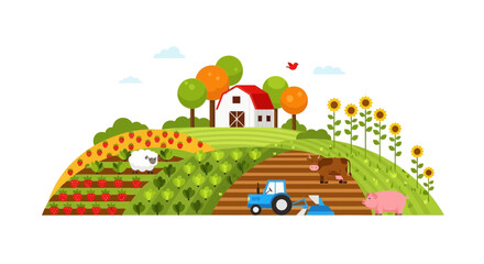 Lush agricultural landscape illustration with charming farm animals and crops
