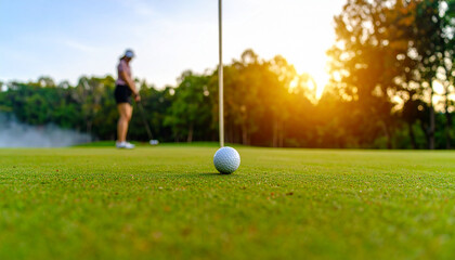 Golden hour precision on the golf course, a woman golfer watches as the ball nears the hole on a manicured green at sunset.