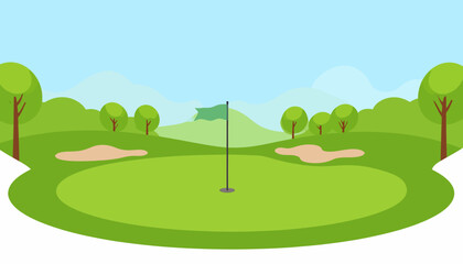 Obraz premium Green golf course landscape illustration with flagstick, putting green, and sand bunkers on a summer day.