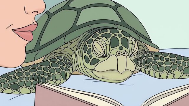 Woman Reading to Turtle in Bed Cozy Scene Animated