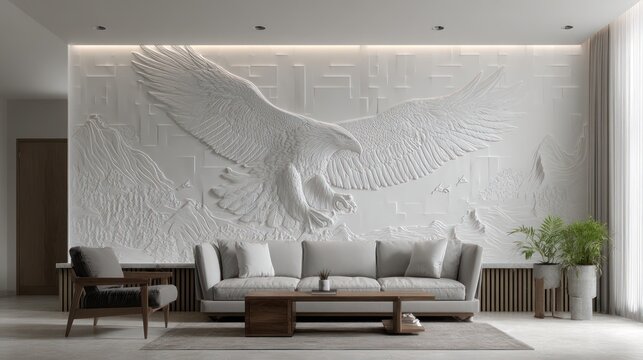 Airy living room featuring an eagle bas-relief wall art above modern furniture and plants