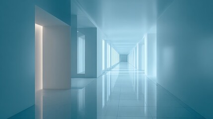 Fototapeta premium Abstract Futuristic Corridor with Reflected Light and Blue Tones, Ideal for Technology Concepts