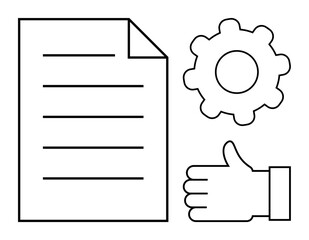 Paper with lines, cogwheel, and thumbs-up icon combining core elements of productivity, workflow, organization, and team alignment. Ideal for business, planning, approval teamwork process