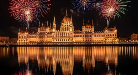 Naklejka premium Budapest Parliament Building Fireworks Celebration at Night