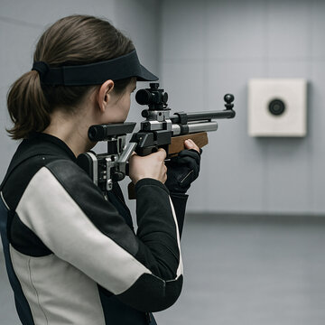 A focused female athlete in professional gear aims a precision rifle at a target on a wall in an indoor shooting range.