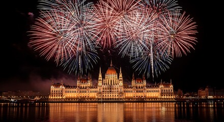 Budapest Parliament Building with Fireworks Display over Danube River at Night