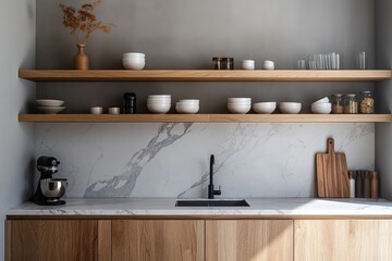 Obraz premium Modern minimalist kitchen with wooden shelves and marble backsplash