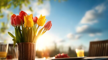 Outdoor spring breakfast table, wicker chairs, tulip centerpiece and blue sky