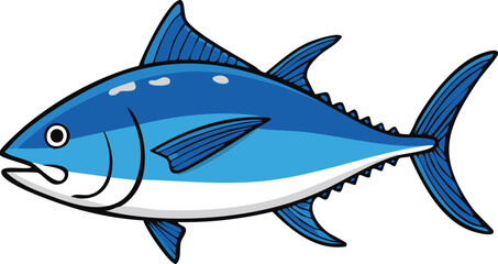 Illustration of a blue tuna fish with white markings, depicted in a cartoon style against a white background.