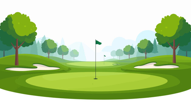 Scenic golf course landscape illustration with a putting green, flag, and sand bunkers. A concept for outdoor sport, leisure, and recreation.