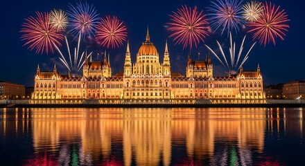 Naklejka premium Budapest Parliament Building with Fireworks over Danube River at Night