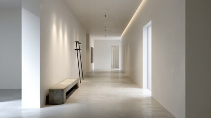 Modern Minimalist White Hallway with Concrete Bench