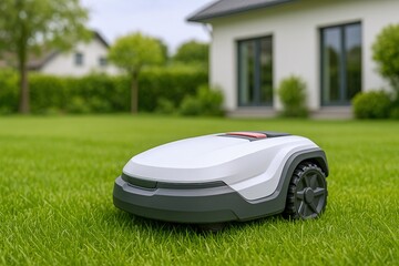 Robotic Lawn Mower on Green Grass with Modern House in Background: Automated Lawn Care Technology