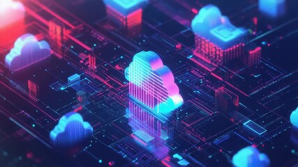 Cloud computing processing data on futuristic neon motherboard - Powered by Adobe