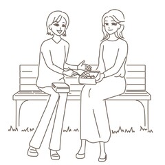 公園で二人の女性がお弁当を広げている線画イラスト