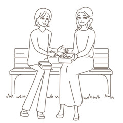 公園で二人の女性がお弁当を広げている線画イラスト