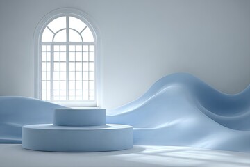 Light-blue podiums with flowing drapes in a minimalist room.