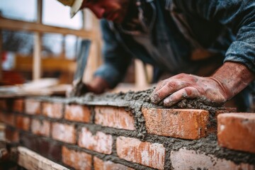 Builder Applying Cement on Brick Wall: Skilled Bricklayer at Work in Masonry Installation