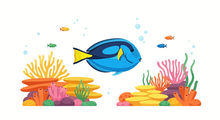 Obraz premium Vibrant marine life illustration featuring blue tang and coral reefs