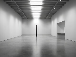 Minimalist art gallery with a single black sculpture