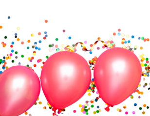 Pink Balloons Floating Above Floor with Colorful Paper Confetti, Top-Down Angle, Isolated