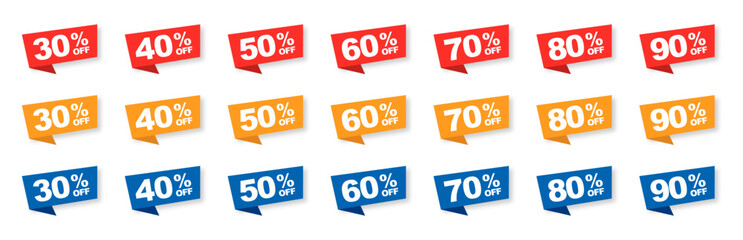 Vector Illustration 30, 40, 50, 60, 70, 80, 90 Percent Off Banner. Modern Red Web Label