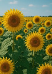 Obraz premium Vibrant sunflowers under clear sky.