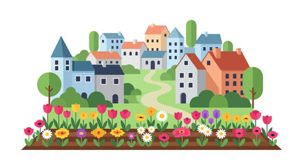 Naklejka premium Whimsical vector illustration of a colorful houses on green hills landscape