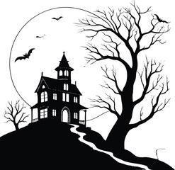 haunted house on hill with bats and moonlight
