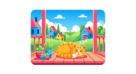 Naklejka premium Lazy afternoon: A serene cartoon view with a sleeping cat on the porch
