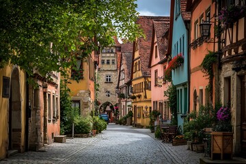 Fototapeta premium Charming european cobblestone street lined with colorful buildings.