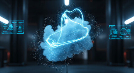 Futuristic digital cloud with neon blue glowing energy and particles in a modern setting