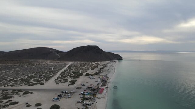 Aerial view of El Tecolote beach on the Baja California Sur peninsula, in La Paz, Mexico.