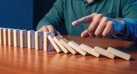 Domino Effect: Hand Starting a Chain Reaction of Falling Blocks on Wooden Surface, Representing Risk and Consequences