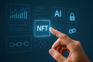 Digital Non-Fungible Token Concept: Hand Pressing NFT Icon on Futuristic Interface Display