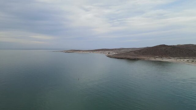 Aerial view of El Tecolote beach on the Baja California Sur peninsula, in La Paz, Mexico.