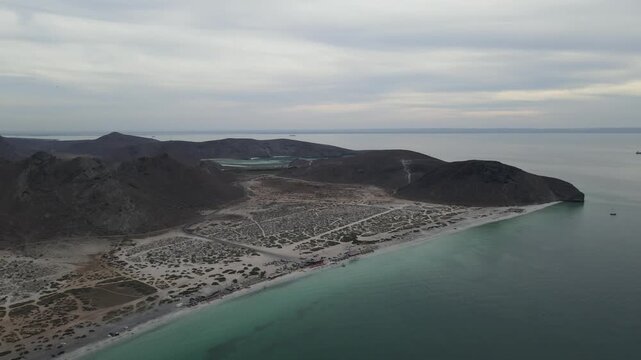 Aerial view of El Tecolote beach on the Baja California Sur peninsula, in La Paz, Mexico.