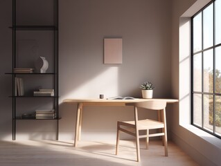 Fototapeta premium Minimalist home office with wooden desk, chair, and shelving
